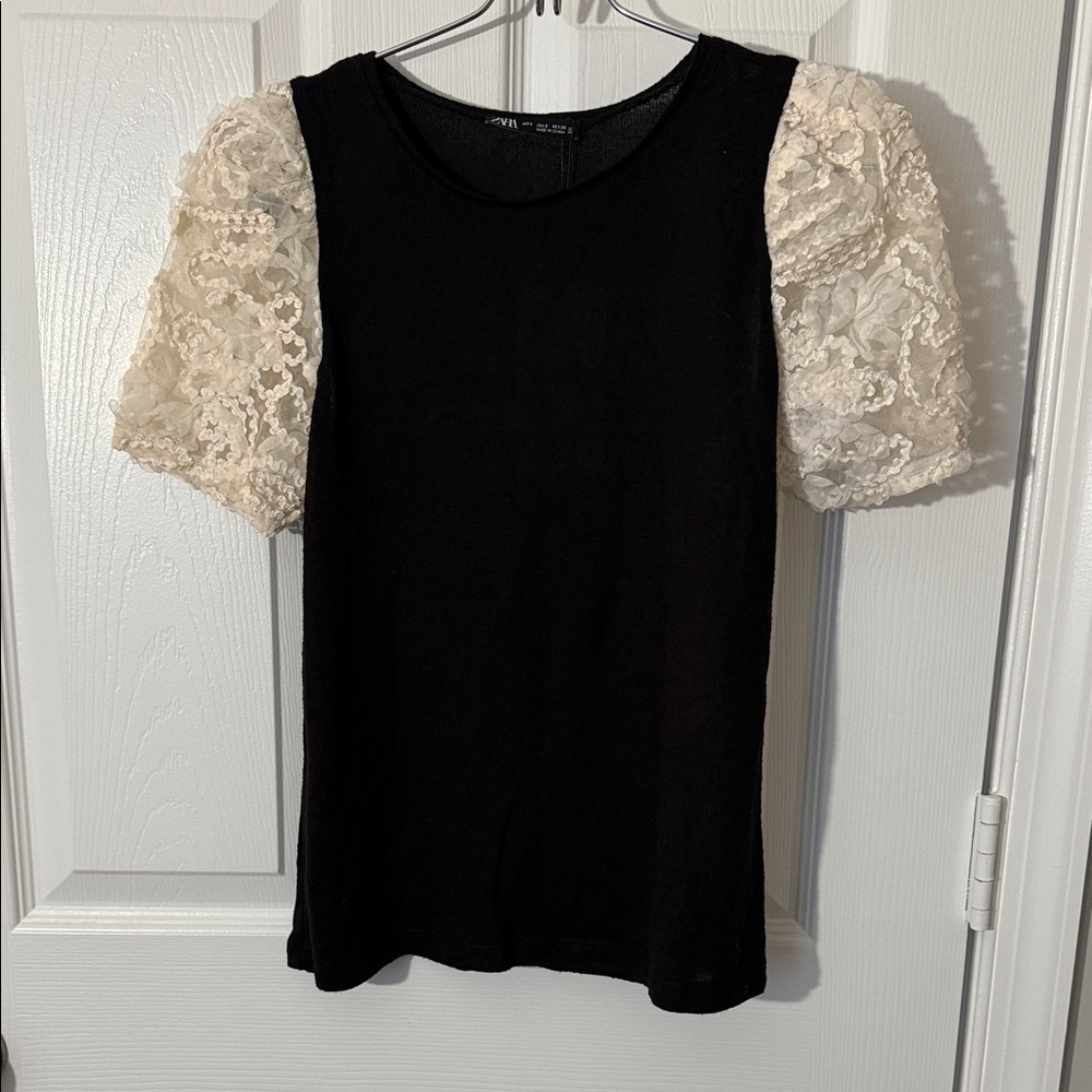 ZARA Black Top with Pretty Cream Lace Sleeves, NWT